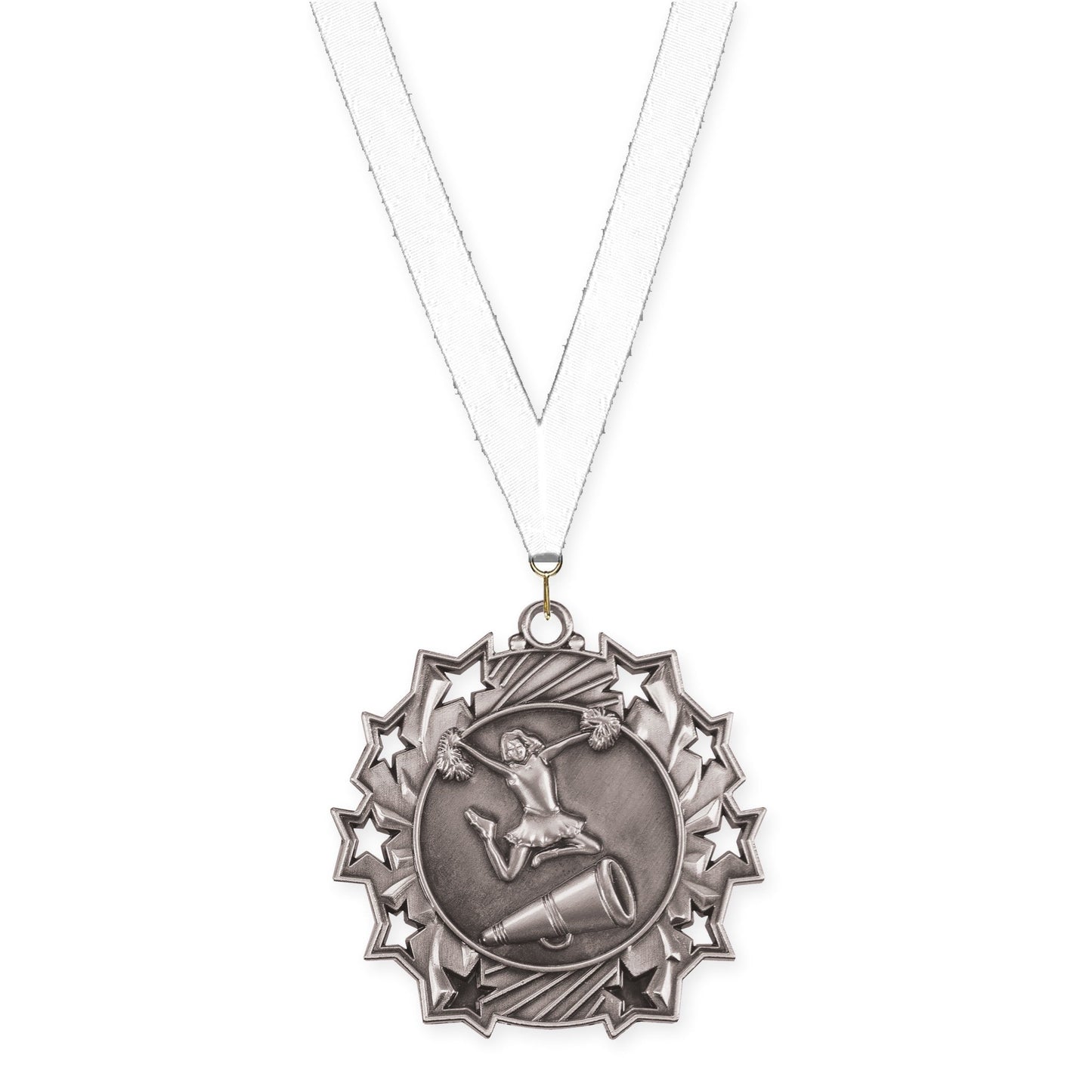2 1/4 inch cheerleading Ten Star medal in antique silver with White neck ribbon