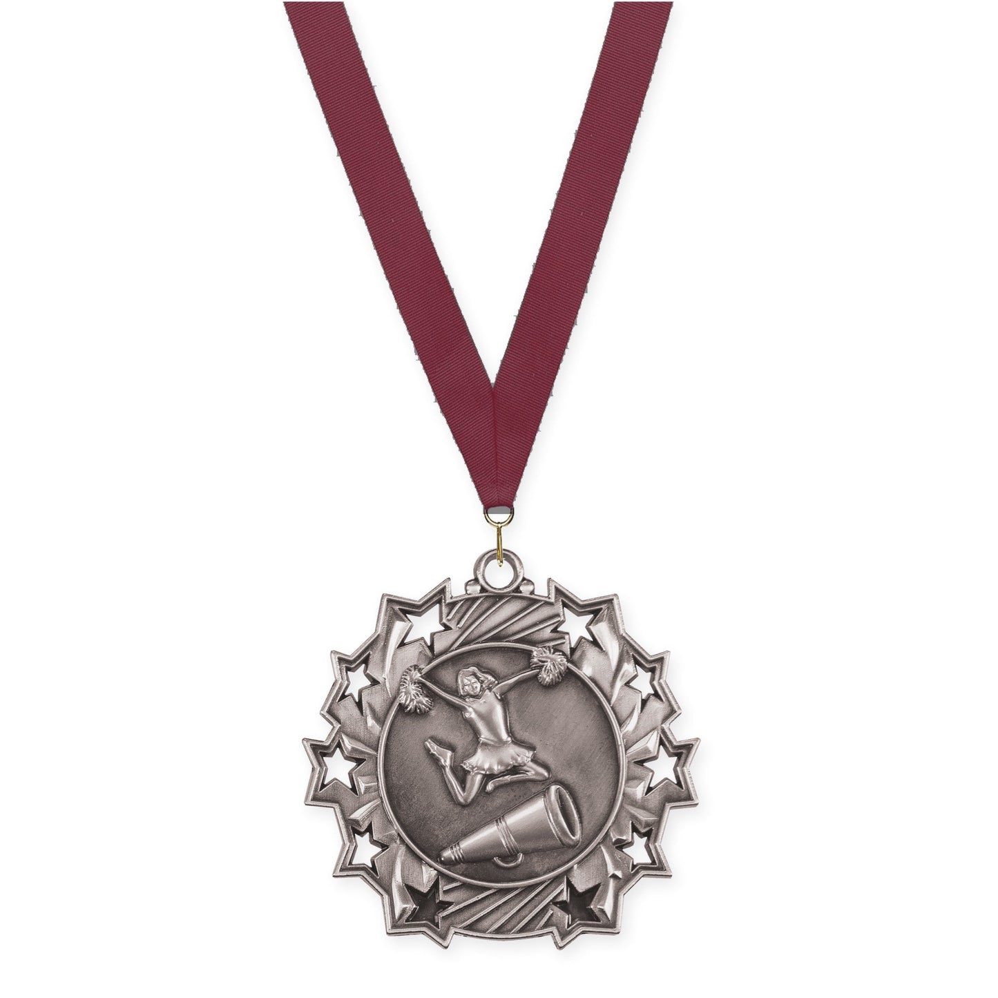 2 1/4 inch cheerleading Ten Star medal in antique silver with Maroon neck ribbon