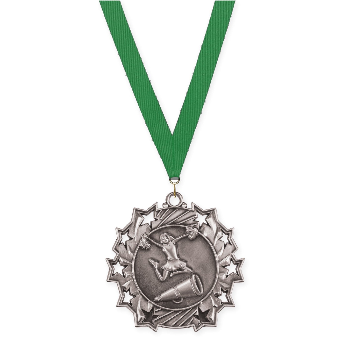 2 1/4 inch cheerleading Ten Star medal in antique silver with Green neck ribbon