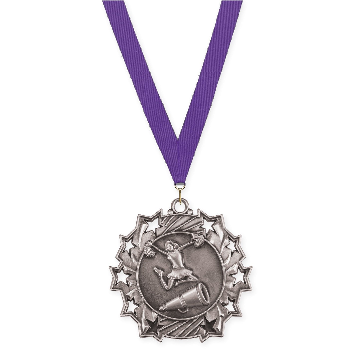 2 1/4 inch cheerleading Ten Star medal in antique silver with Purple neck ribbon