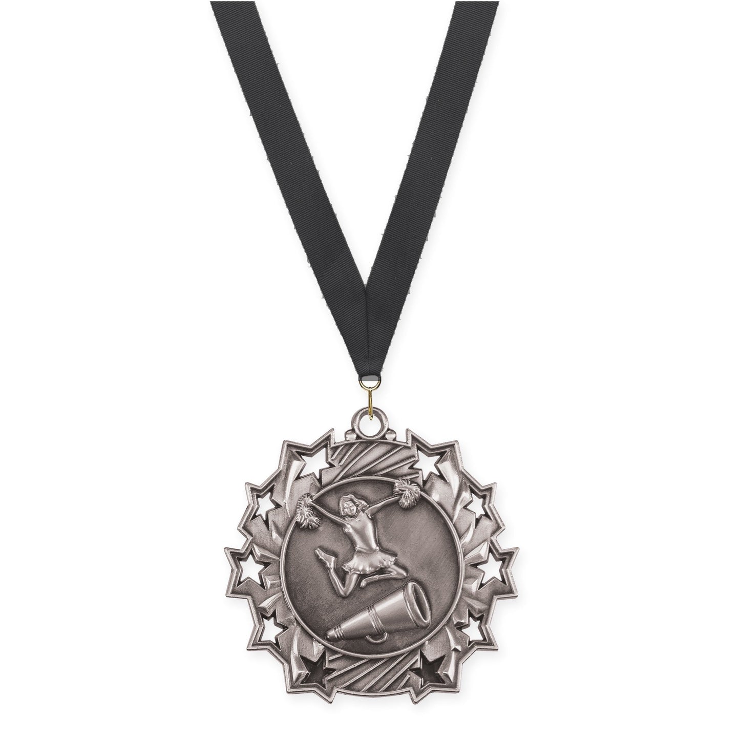 2 1/4 inch cheerleading Ten Star medal in antique silver with Black neck ribbon