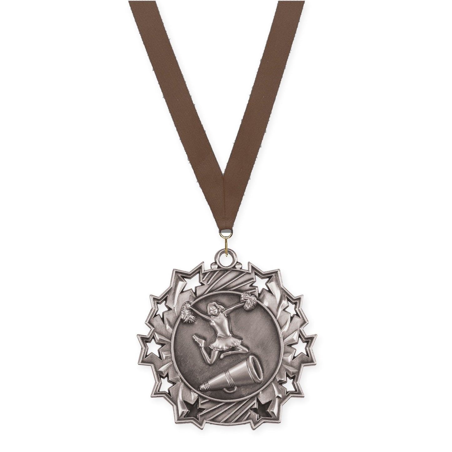 2 1/4 inch cheerleading Ten Star medal in antique silver with Brown neck ribbon