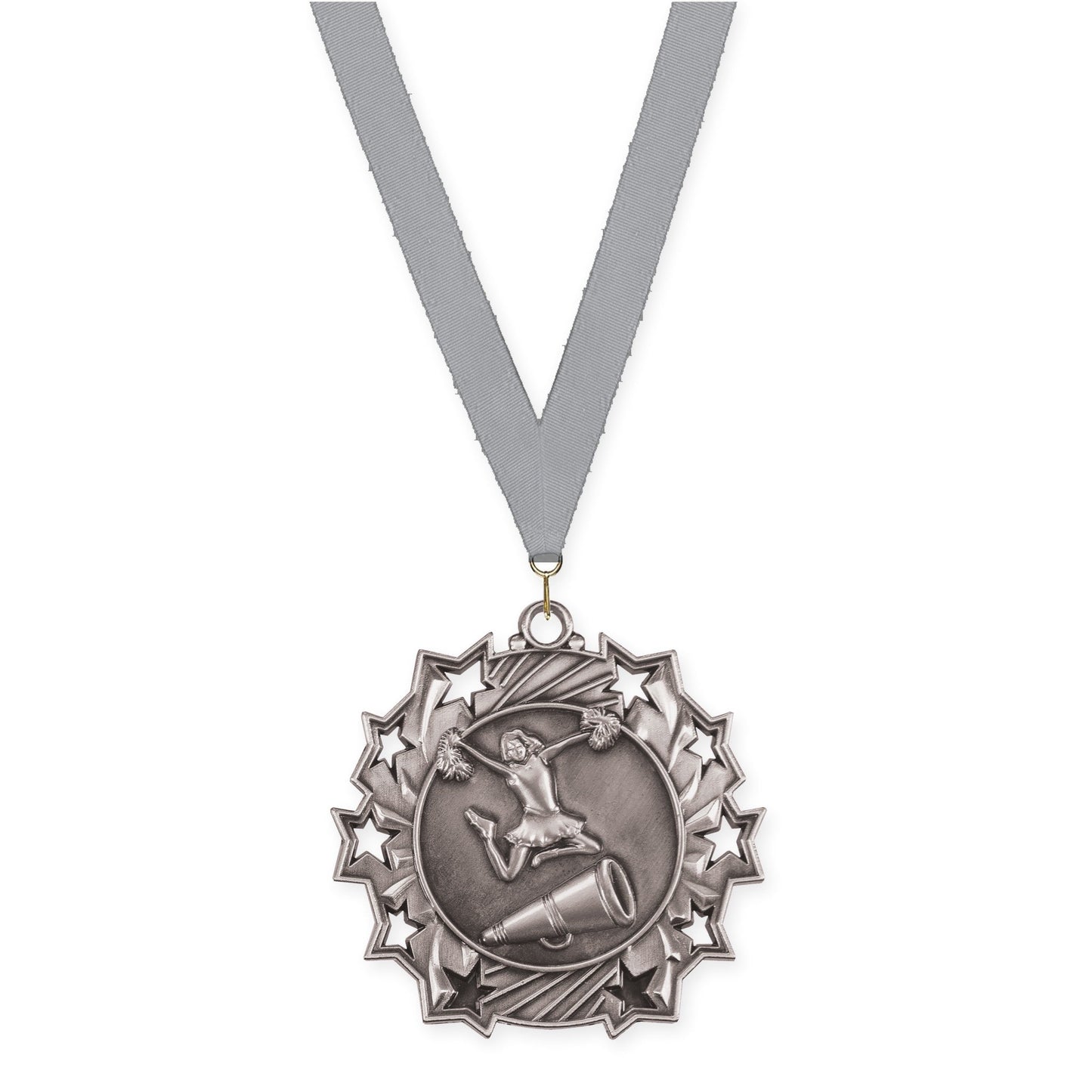 2 1/4 inch cheerleading Ten Star medal in antique silver with Gray neck ribbon