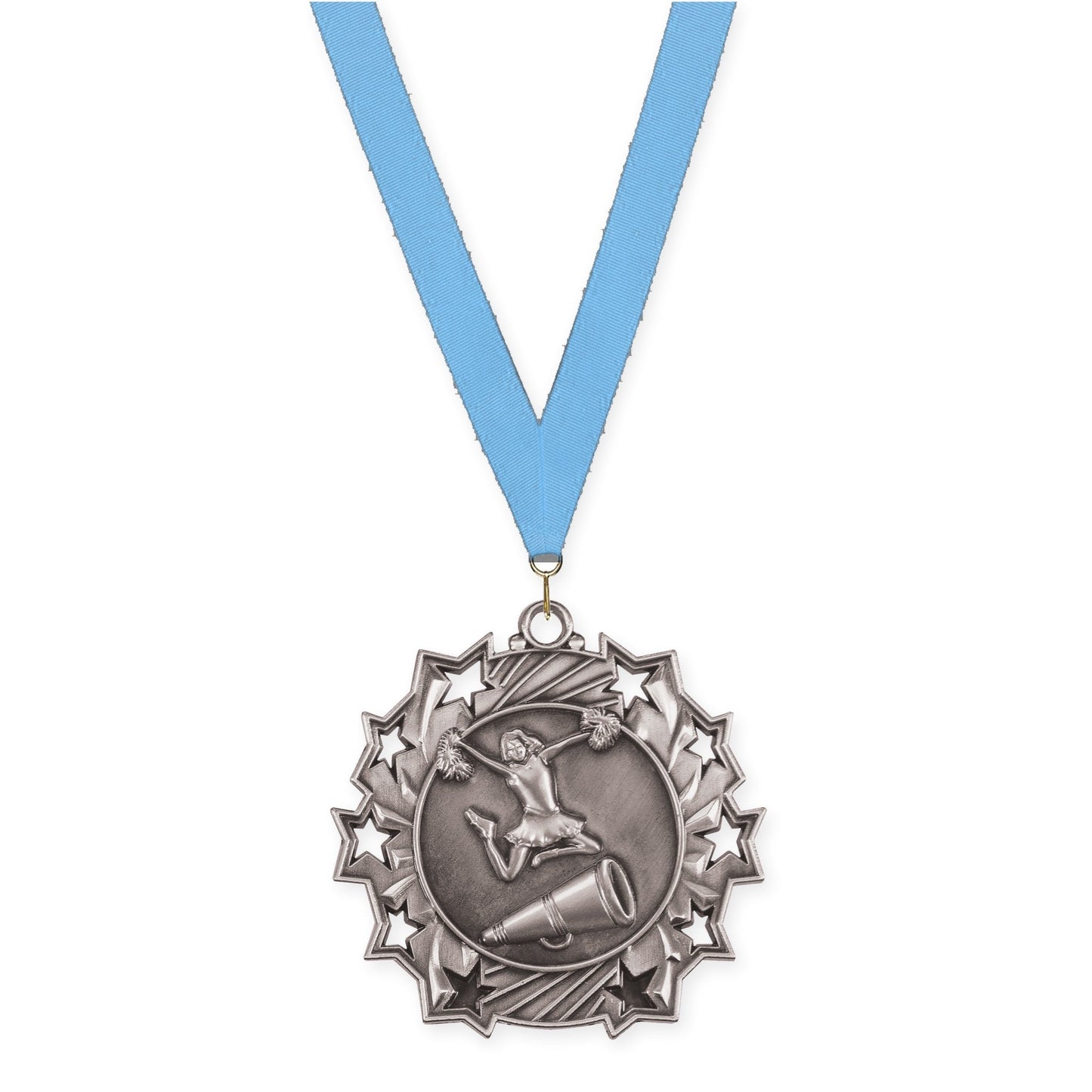2 1/4 inch cheerleading Ten Star medal in antique silver with Light Blue neck ribbon