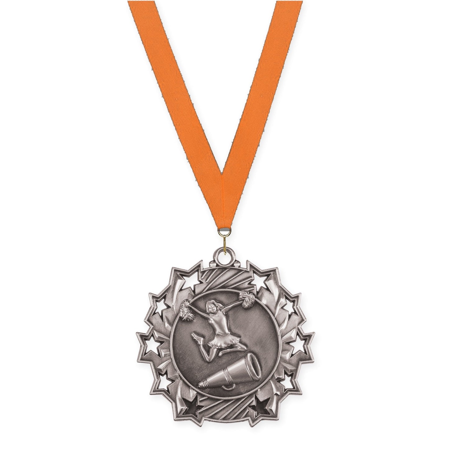 2 1/4 inch cheerleading Ten Star medal in antique silver with Orange neck ribbon