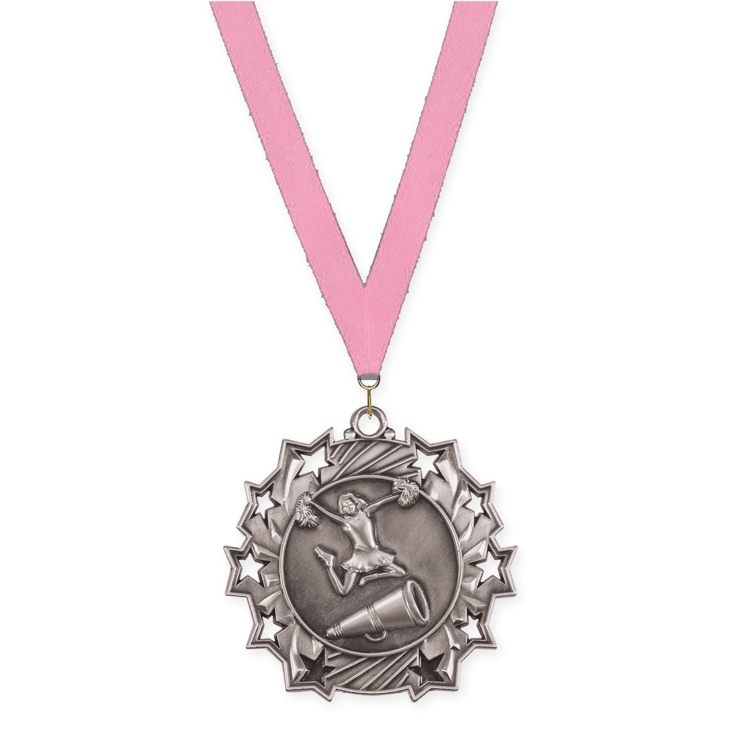 2 1/4 inch cheerleading Ten Star medal in antique silver with Pink neck ribbon