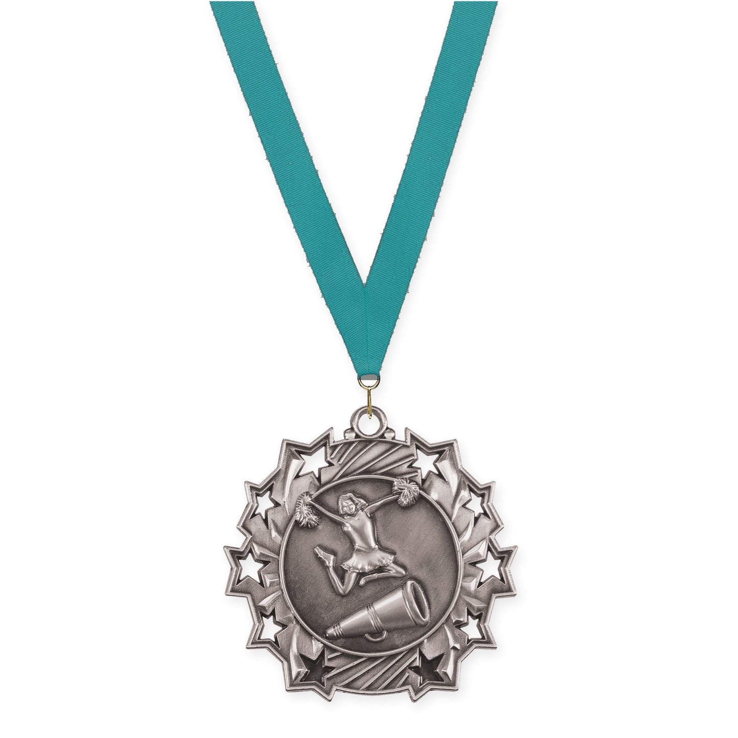 2 1/4 inch cheerleading Ten Star medal in antique silver with Teal neck ribbon
