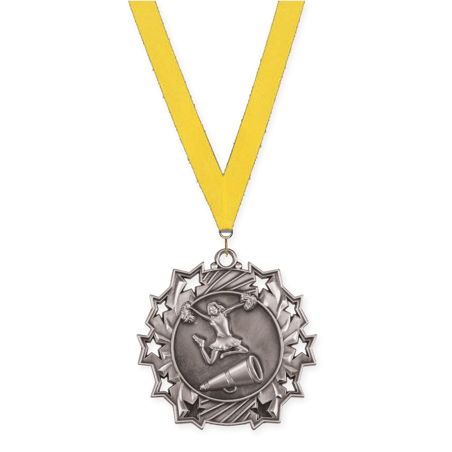 2 1/4 inch cheerleading Ten Star medal in antique silver with Yellow neck ribbon