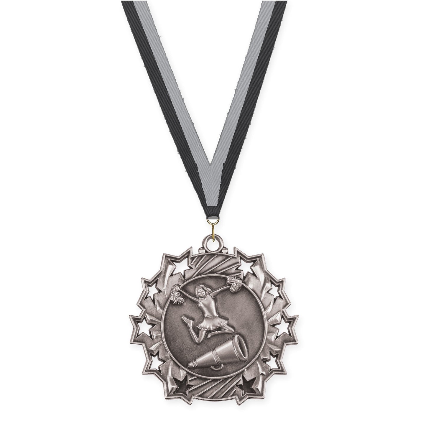 2 1/4 inch cheerleading Ten Star medal in antique silver with Black Gray neck ribbon