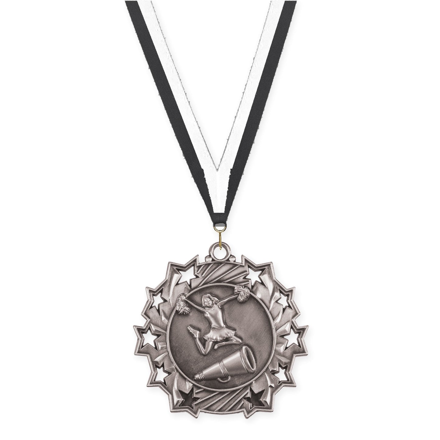 2 1/4 inch cheerleading Ten Star medal in antique silver with Black White neck ribbon