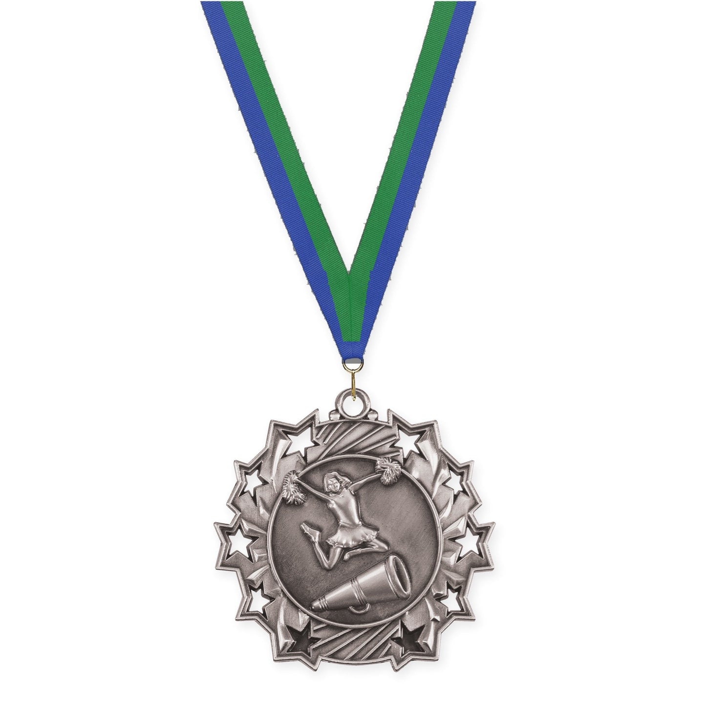 2 1/4 inch cheerleading Ten Star medal in antique silver with Blue Green neck ribbon