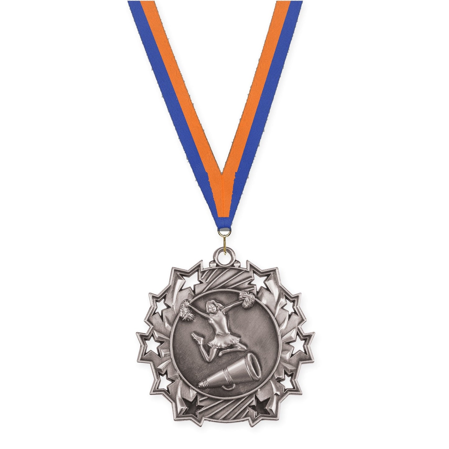 2 1/4 inch cheerleading Ten Star medal in antique silver with Blue Orange neck ribbon