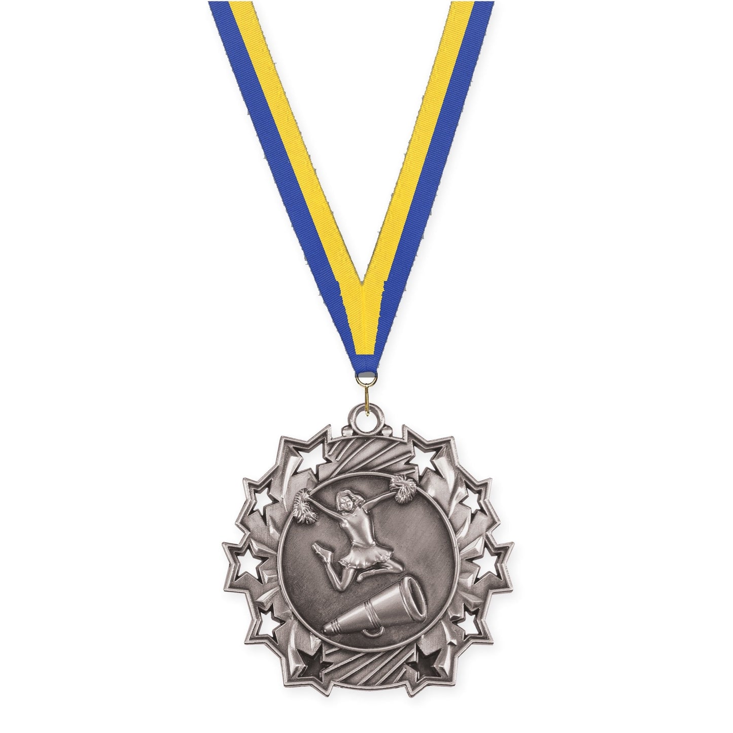 2 1/4 inch cheerleading Ten Star medal in antique silver with Blue Yellow neck ribbon