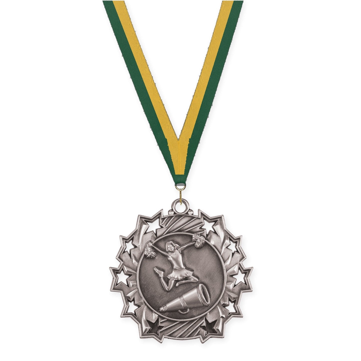 2 1/4 inch cheerleading Ten Star medal in antique silver with Hunter Green Gold neck ribbon
