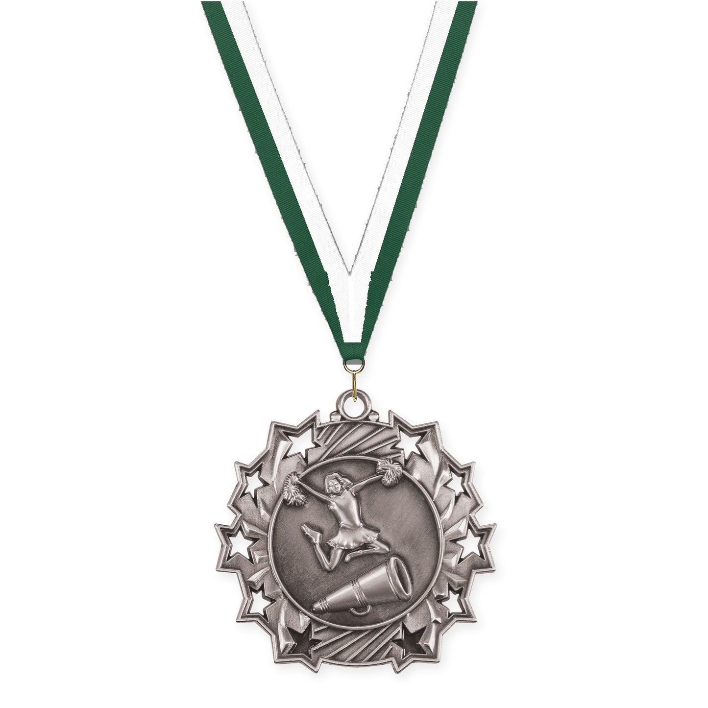 2 1/4 inch cheerleading Ten Star medal in antique silver with Hunter Green White neck ribbon