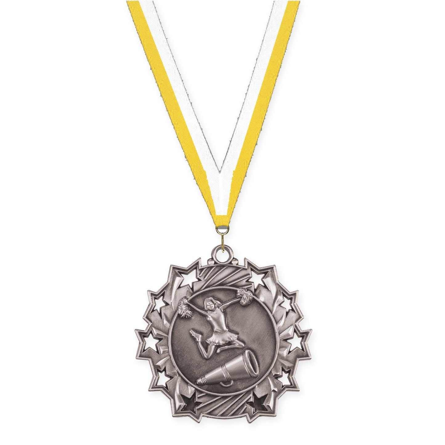 2 1/4 inch cheerleading Ten Star medal in antique silver with Yellow White neck ribbon