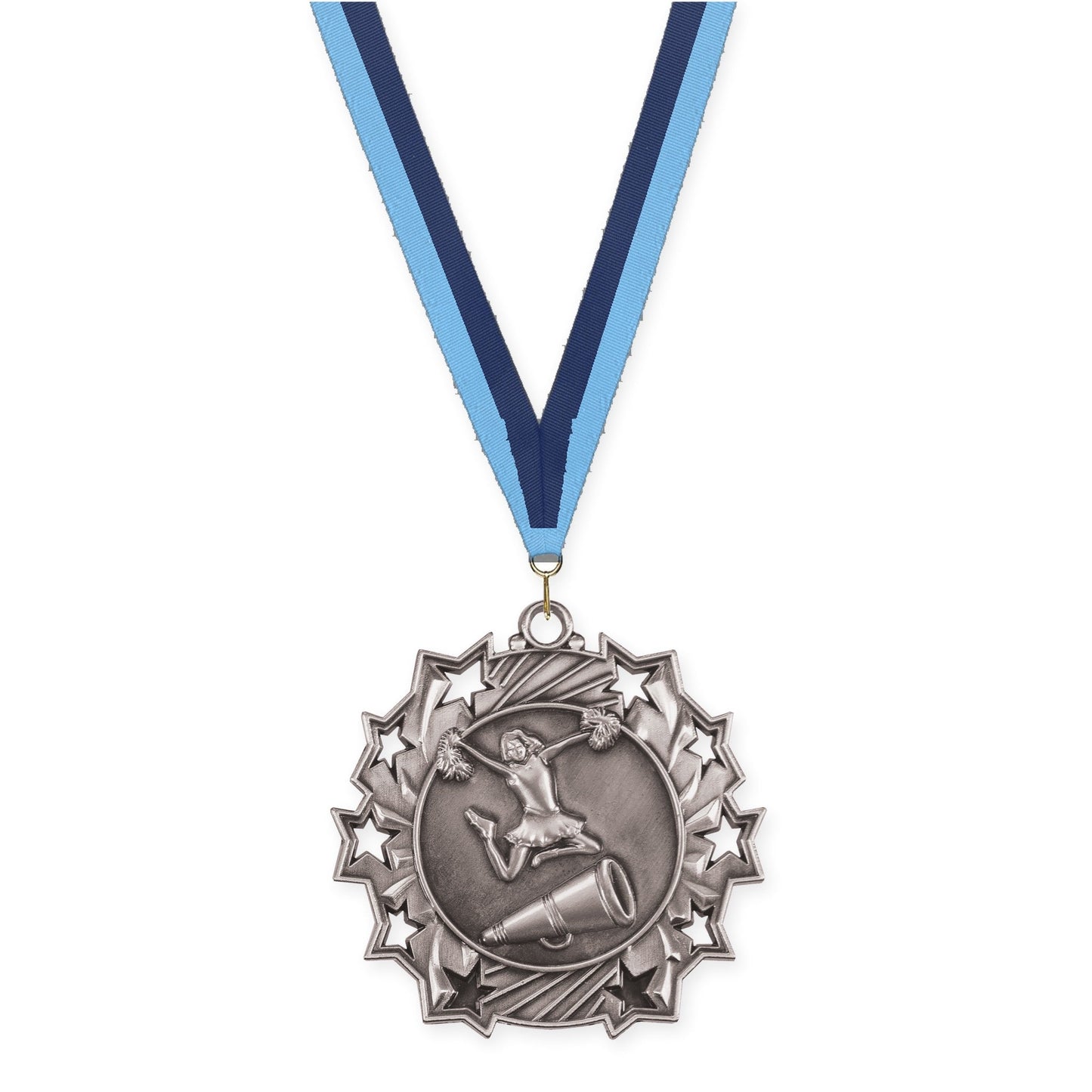 2 1/4 inch cheerleading Ten Star medal in antique silver with Light Blue Navy neck ribbon