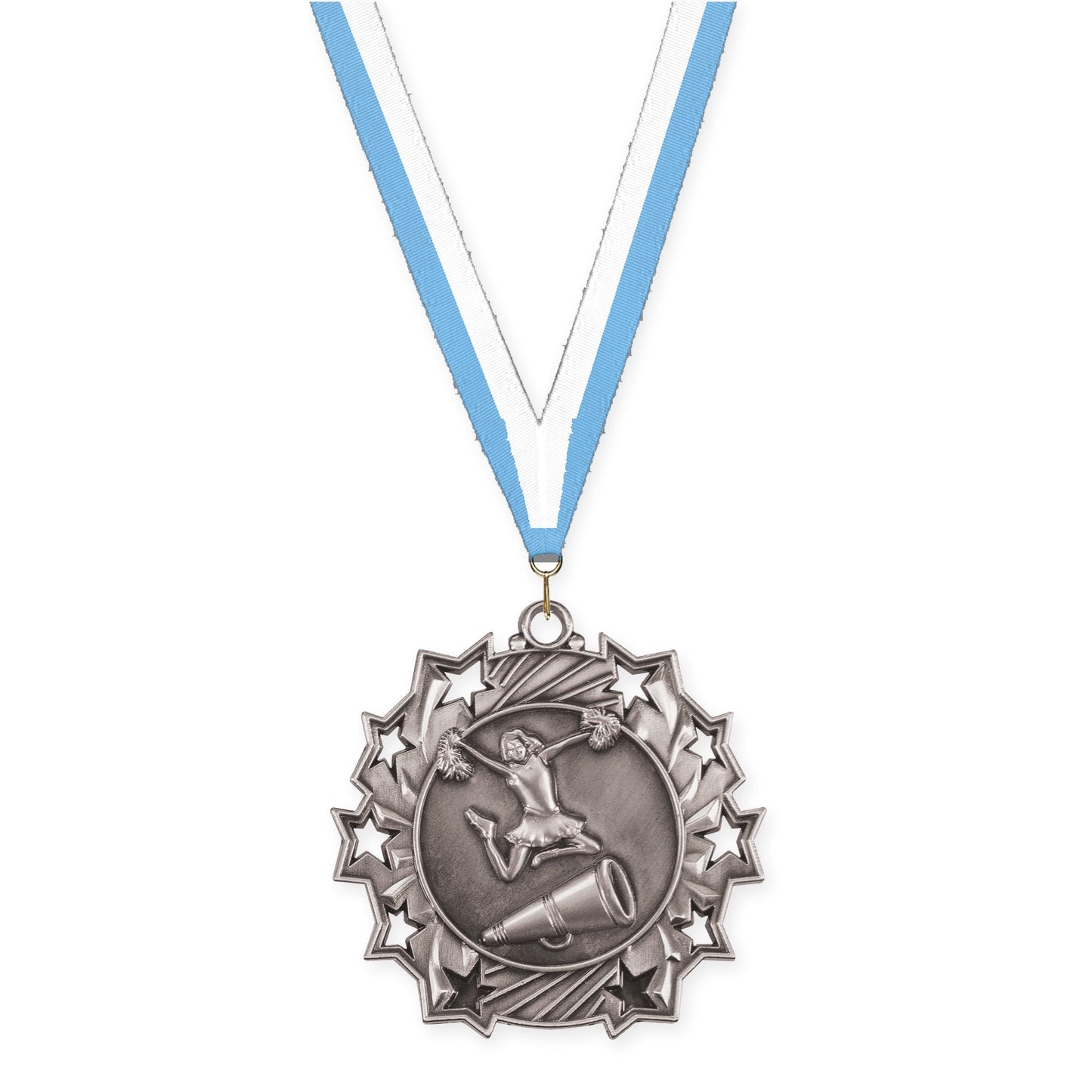 2 1/4 inch cheerleading Ten Star medal in antique silver with Light Blue White neck ribbon