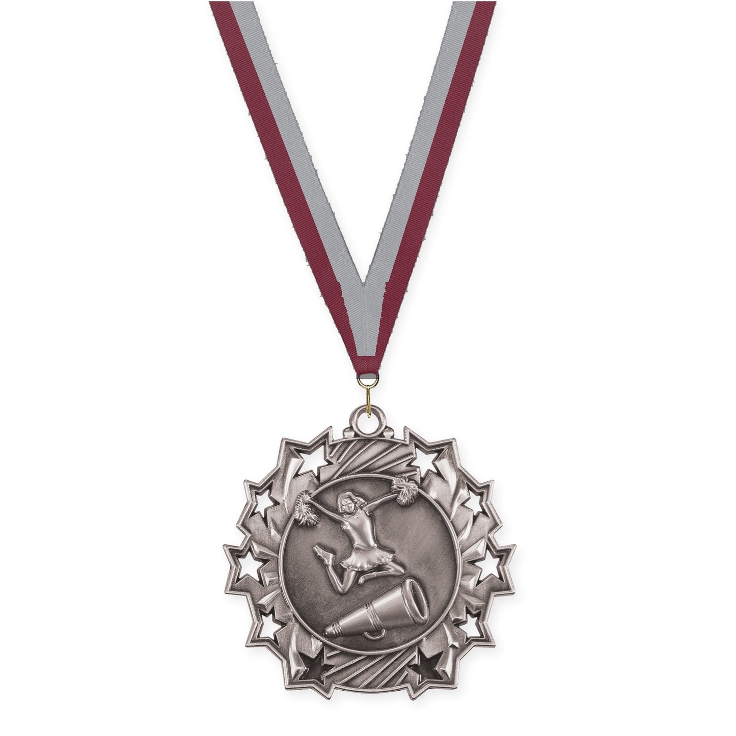 2 1/4 inch cheerleading Ten Star medal in antique silver with Maroon Gray neck ribbon