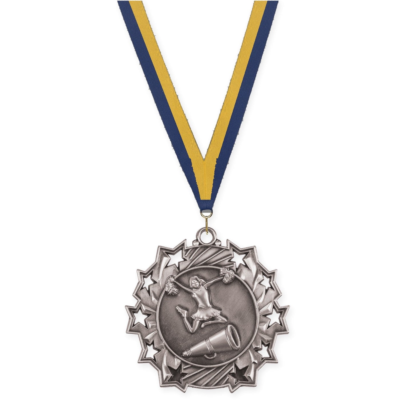 2 1/4 inch cheerleading Ten Star medal in antique silver with Navy Gold neck ribbon