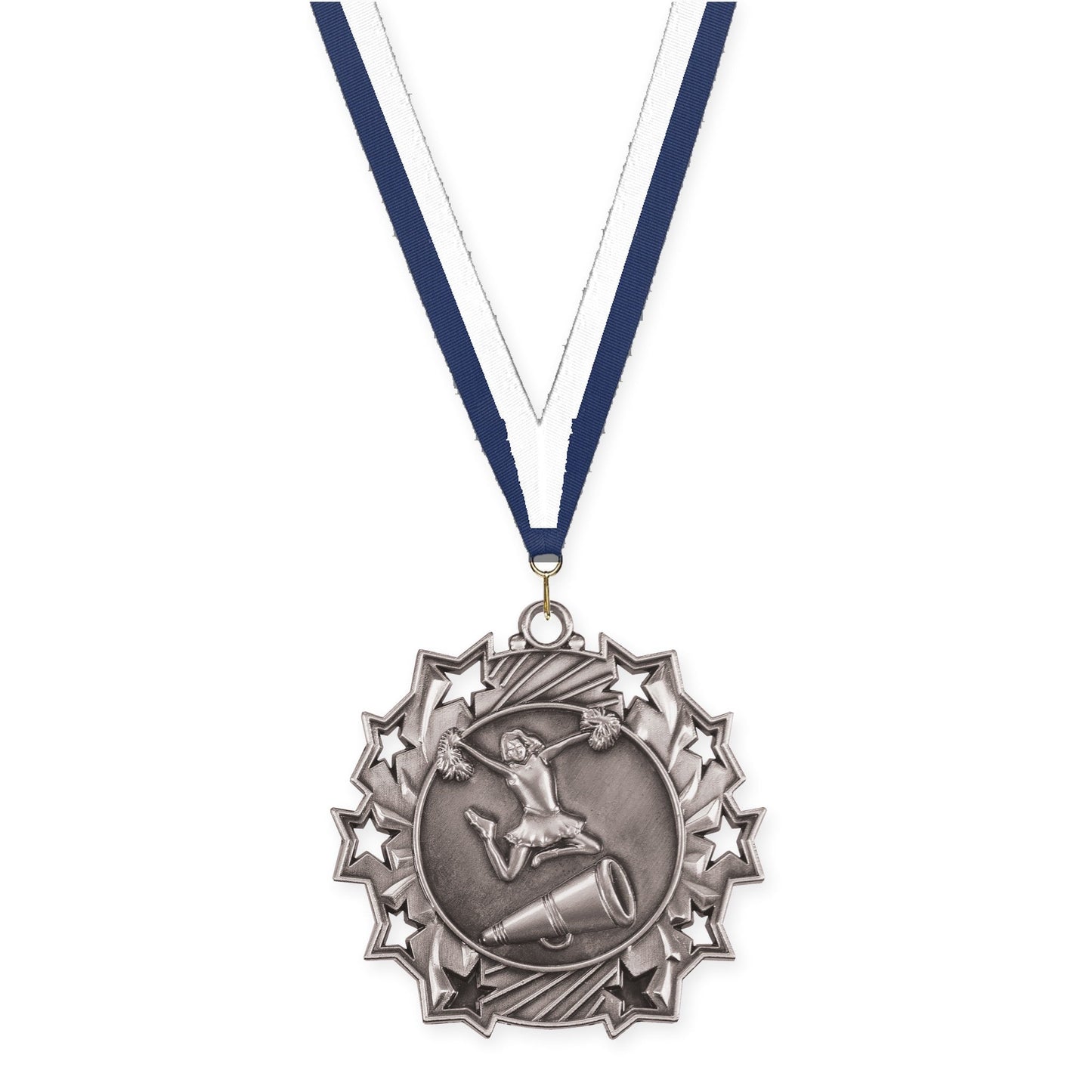2 1/4 inch cheerleading Ten Star medal in antique silver with Navy White neck ribbon