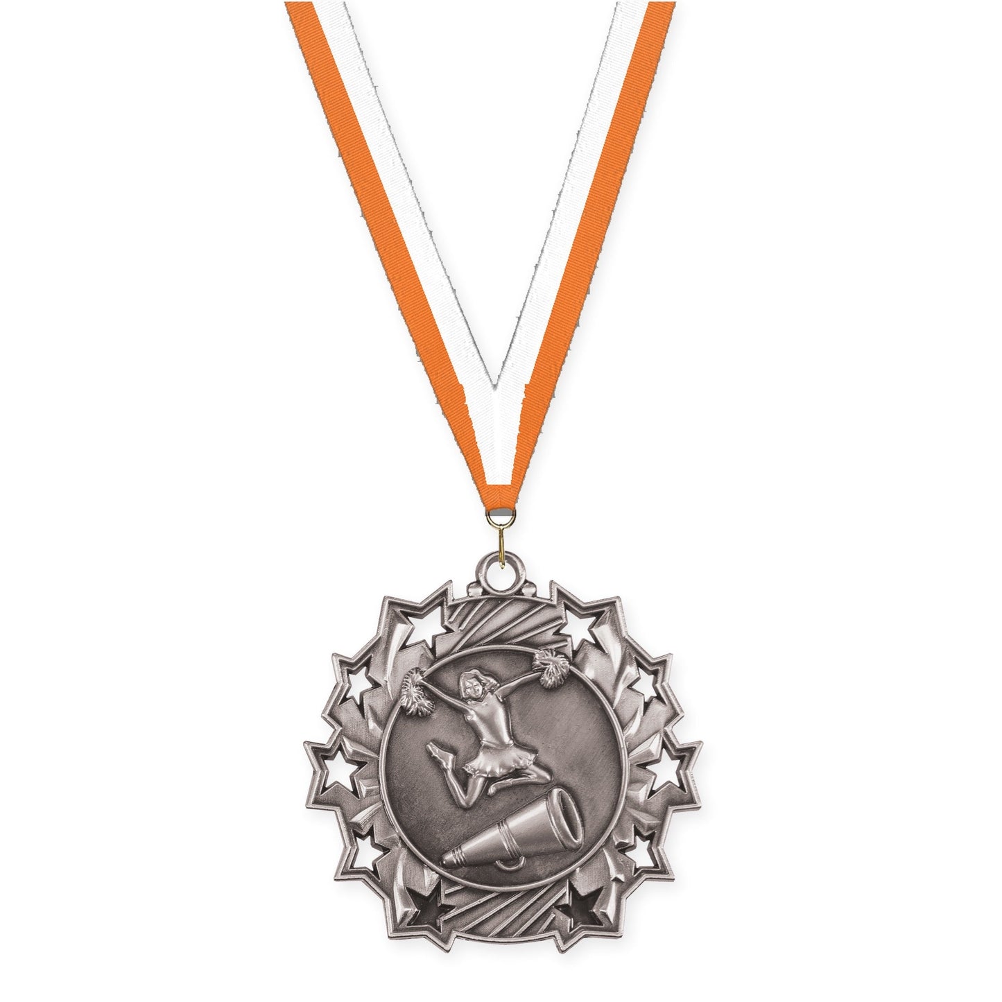 2 1/4 inch cheerleading Ten Star medal in antique silver with Orange White neck ribbon