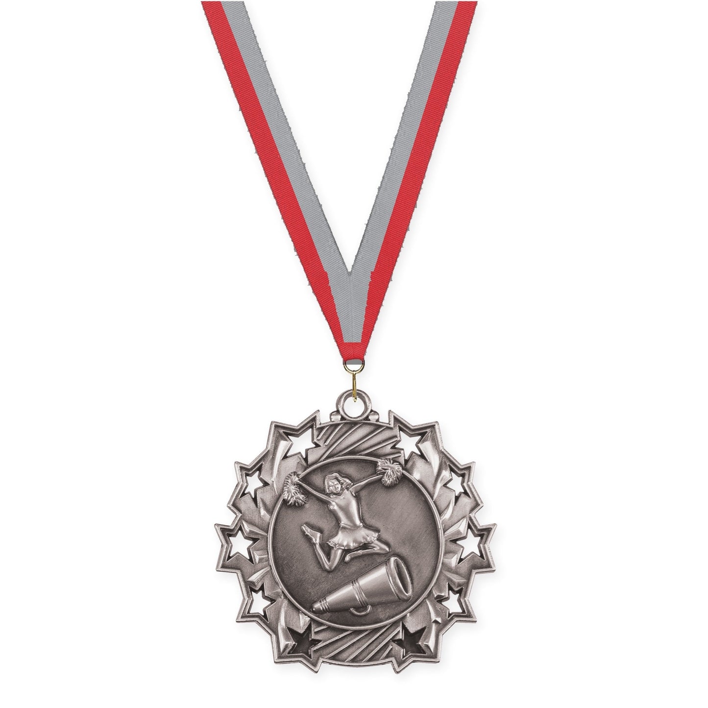 2 1/4 inch cheerleading Ten Star medal in antique silver with Red Gray neck ribbon