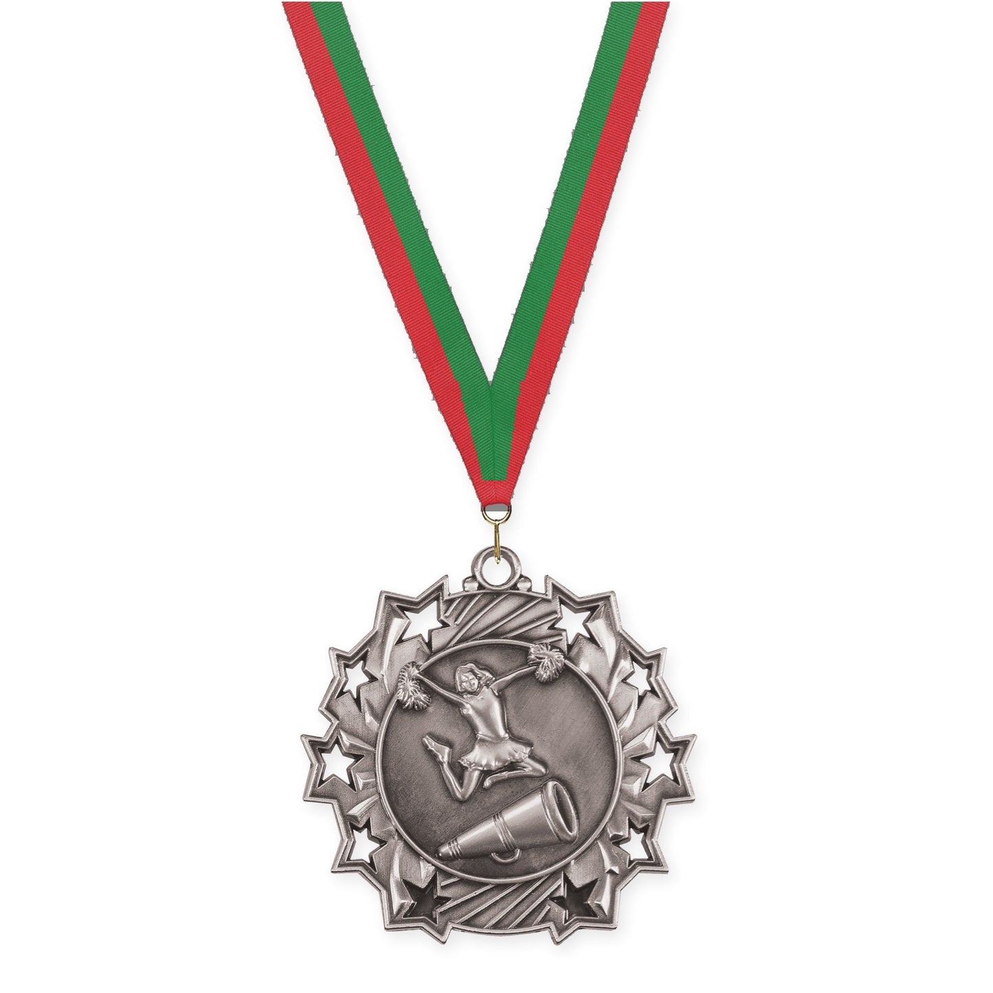 2 1/4 inch cheerleading Ten Star medal in antique silver with Red Green neck ribbon