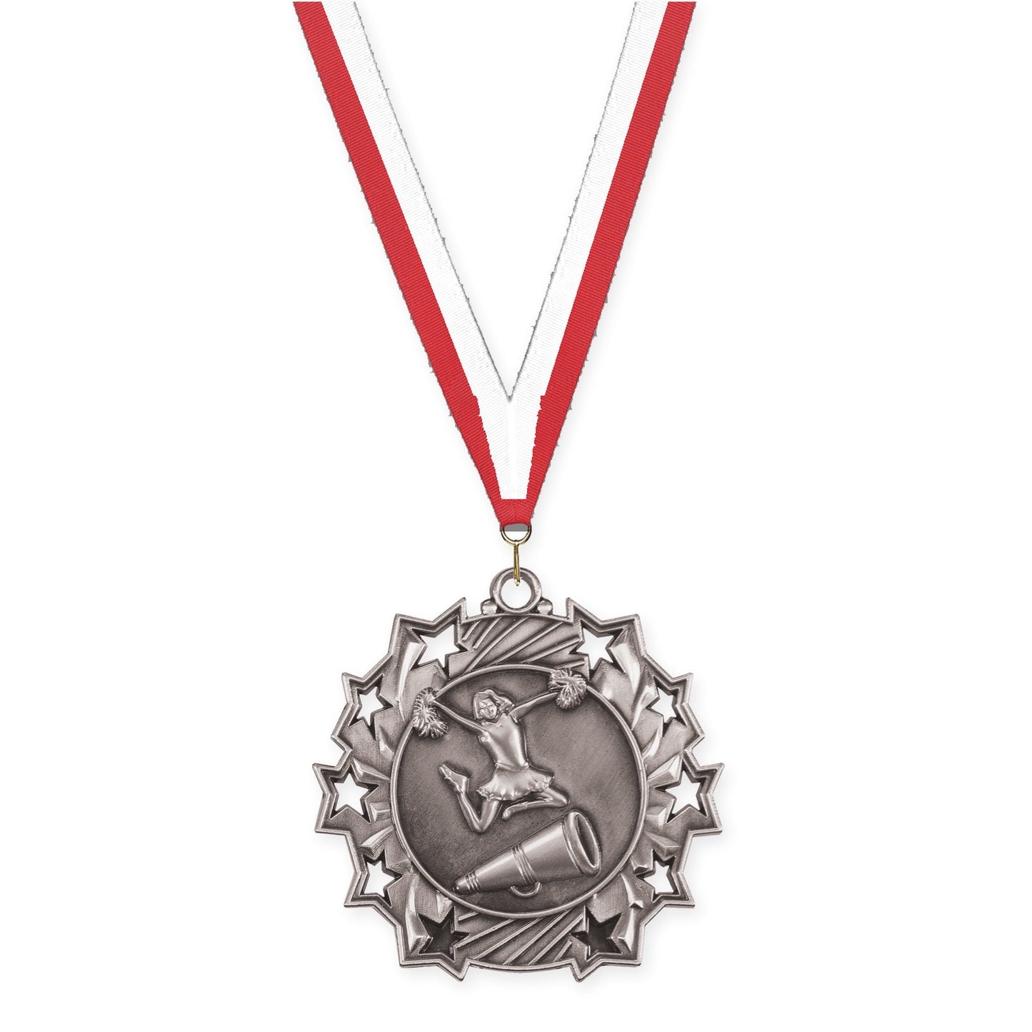 2 1/4 inch cheerleading Ten Star medal in antique silver with Red White neck ribbon