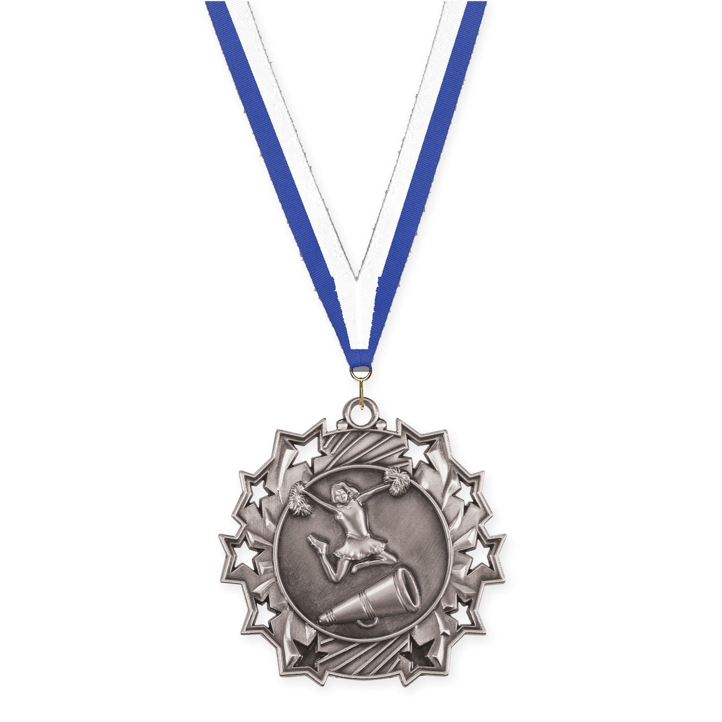 2 1/4 inch cheerleading Ten Star medal in antique silver with Blue White neck ribbon