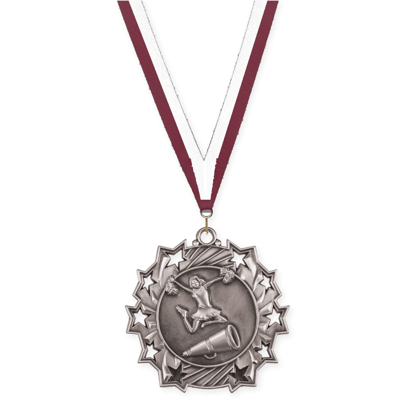2 1/4 inch cheerleading Ten Star medal in antique silver with Maroon White neck ribbon