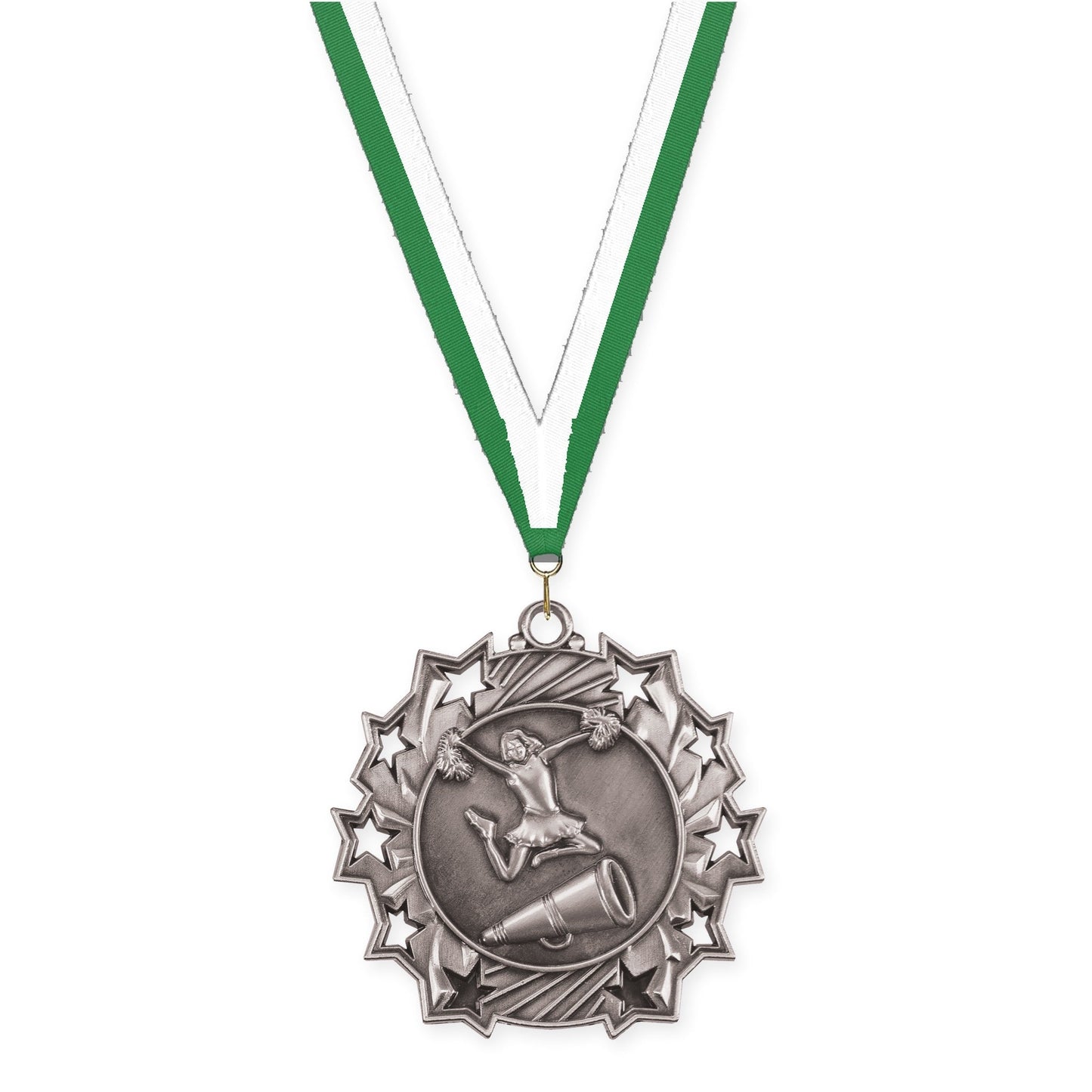 2 1/4 inch cheerleading Ten Star medal in antique silver with Green White neck ribbon
