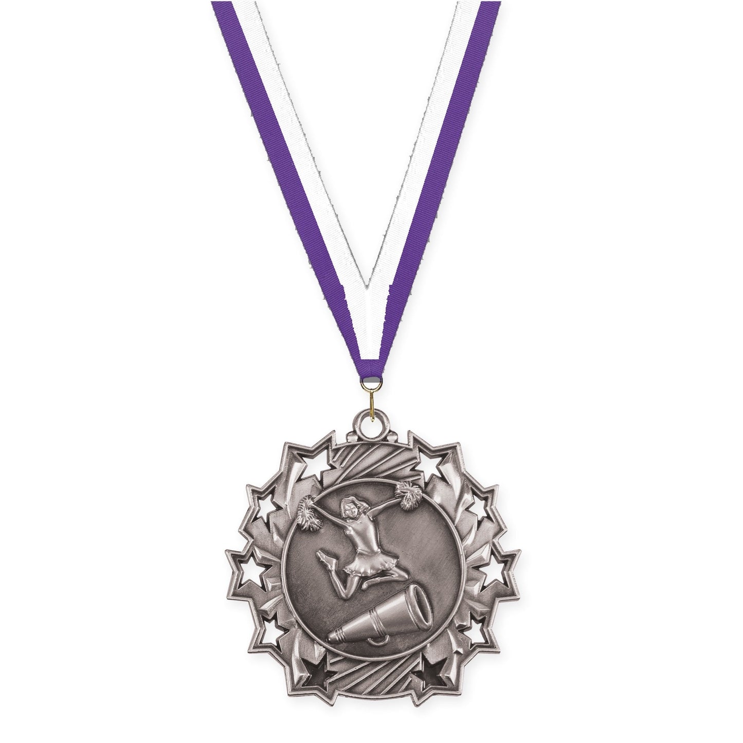 2 1/4 inch cheerleading Ten Star medal in antique silver with Purple White neck ribbon