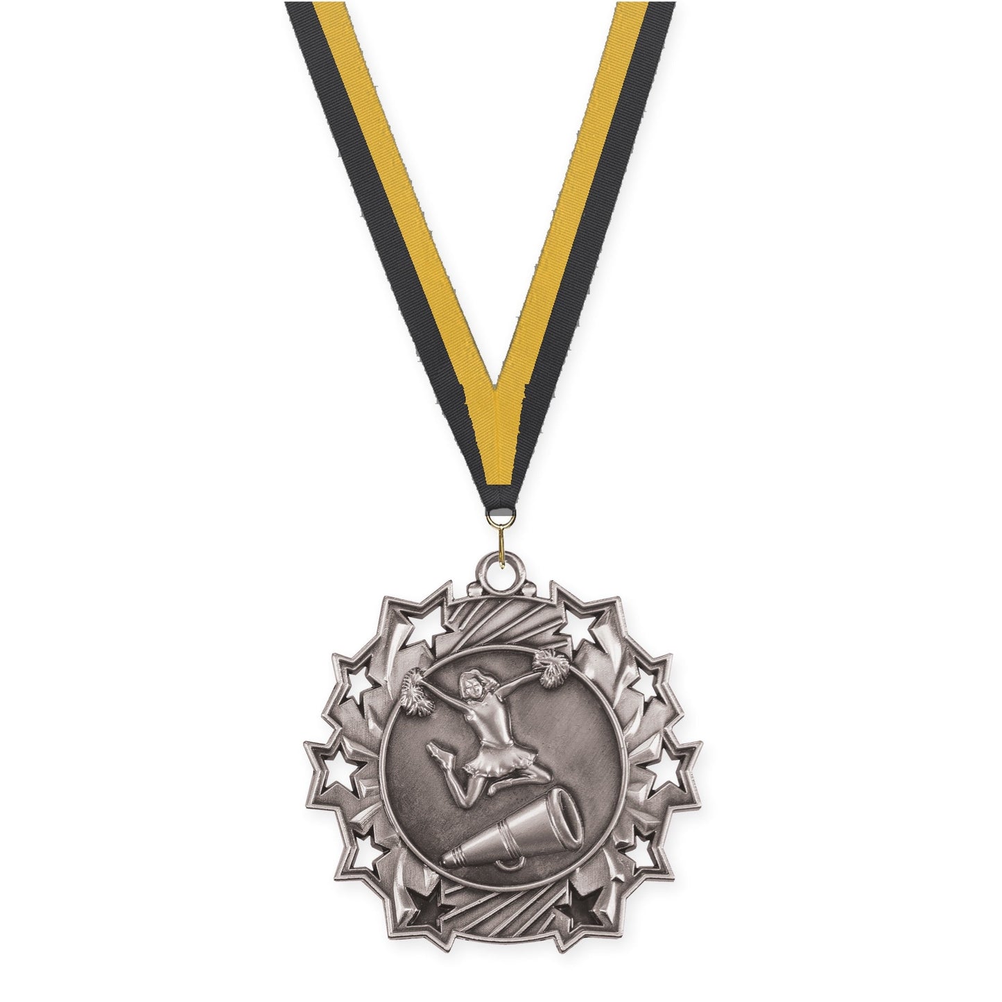 2 1/4 inch cheerleading Ten Star medal in antique silver with Black Gold neck ribbon
