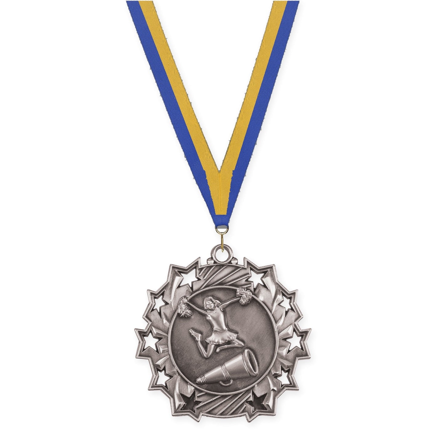 2 1/4 inch cheerleading Ten Star medal in antique silver with Blue Gold neck ribbon