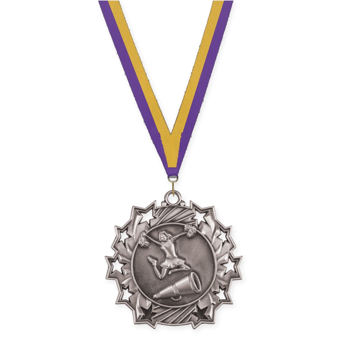 2 1/4 inch cheerleading Ten Star medal in antique silver with Purple Gold neck ribbon