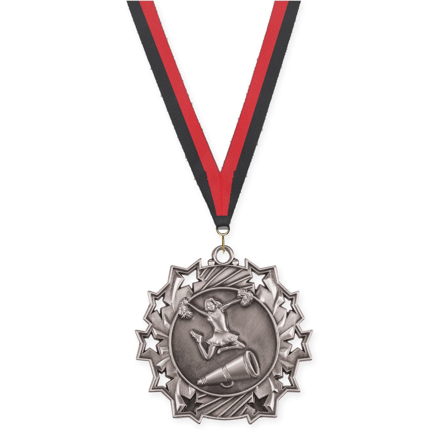 2 1/4 inch cheerleading Ten Star medal in antique silver with Black Red neck ribbon