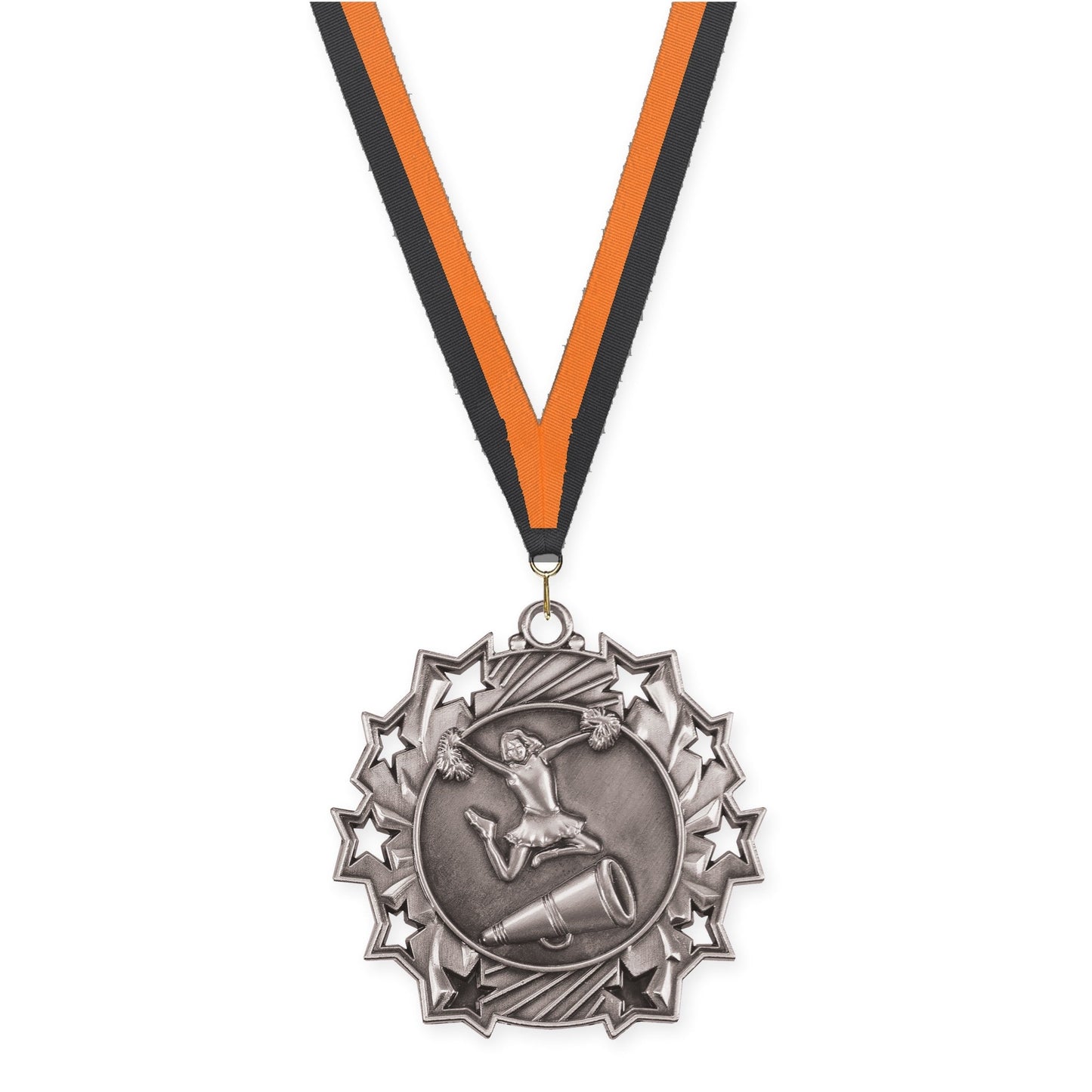 2 1/4 inch cheerleading Ten Star medal in antique silver with Black Orange neck ribbon