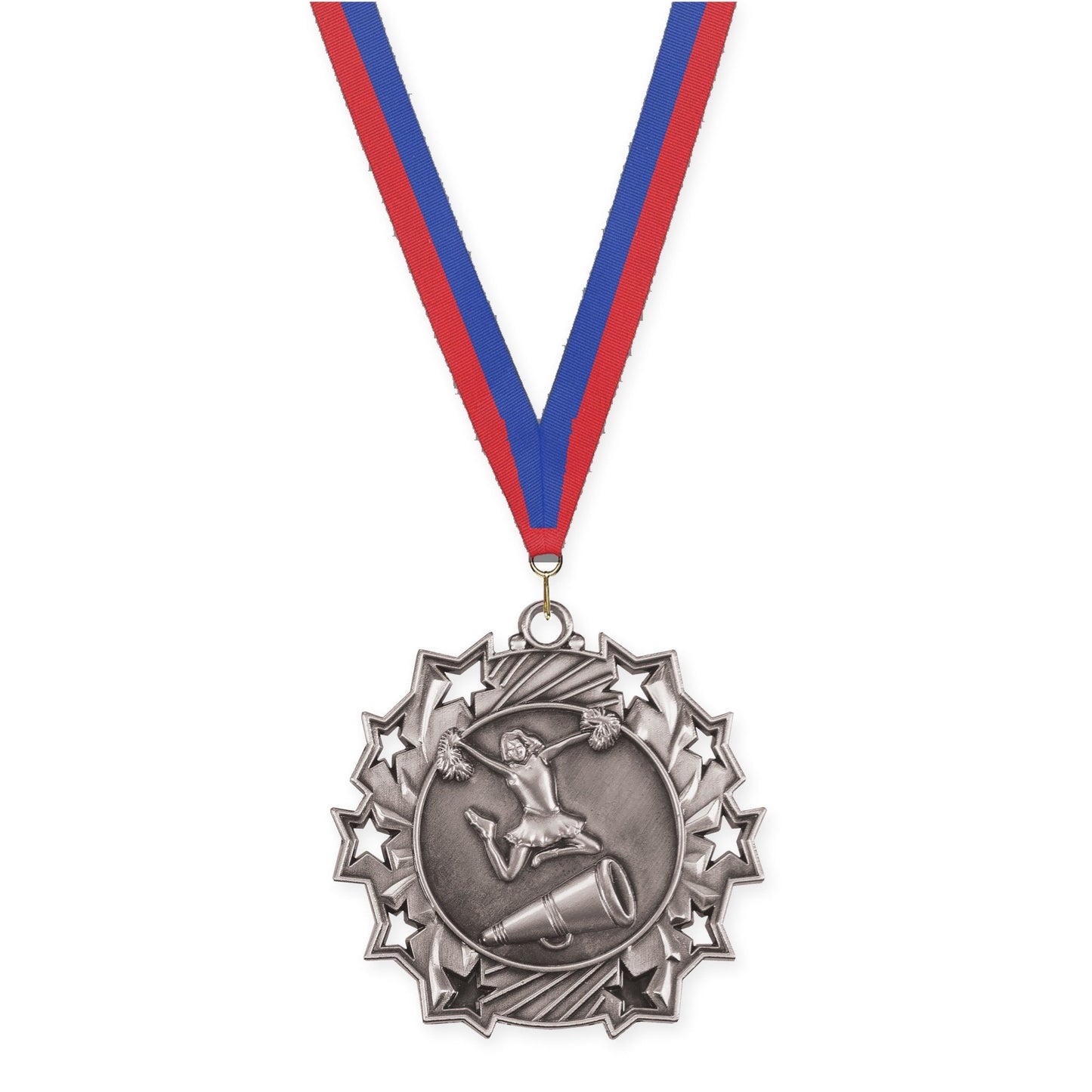 2 1/4 inch cheerleading Ten Star medal in antique silver with Blue Red neck ribbon