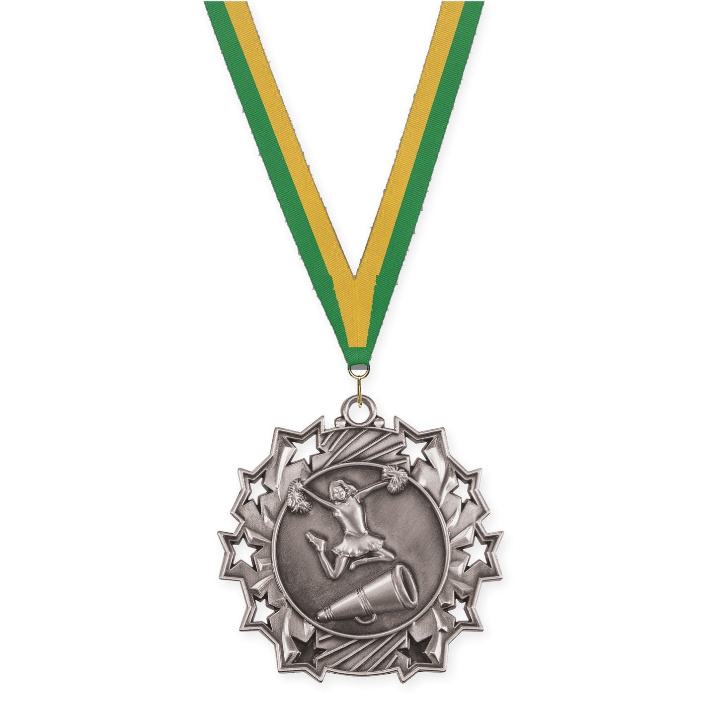 2 1/4 inch cheerleading Ten Star medal in antique silver with Green Gold neck ribbon