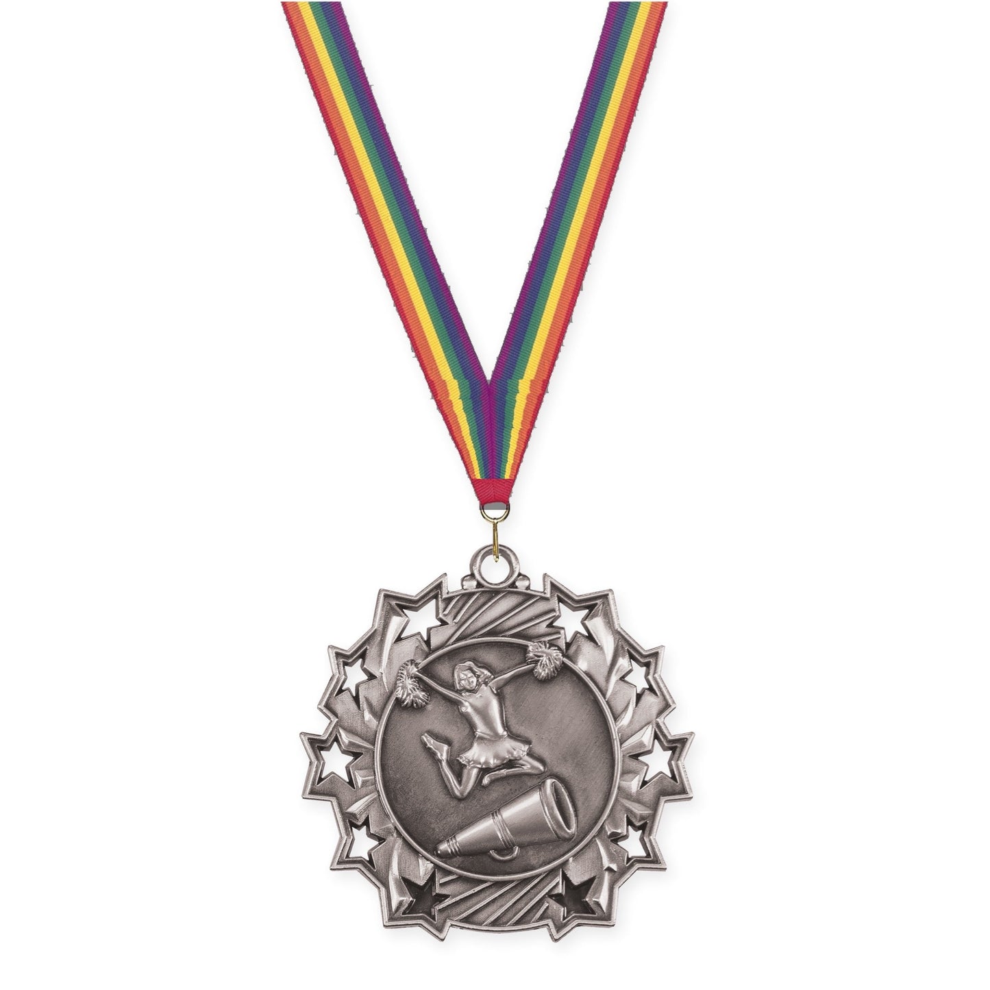 2 1/4 inch cheerleading Ten Star medal in antique silver with Rainbow neck ribbon