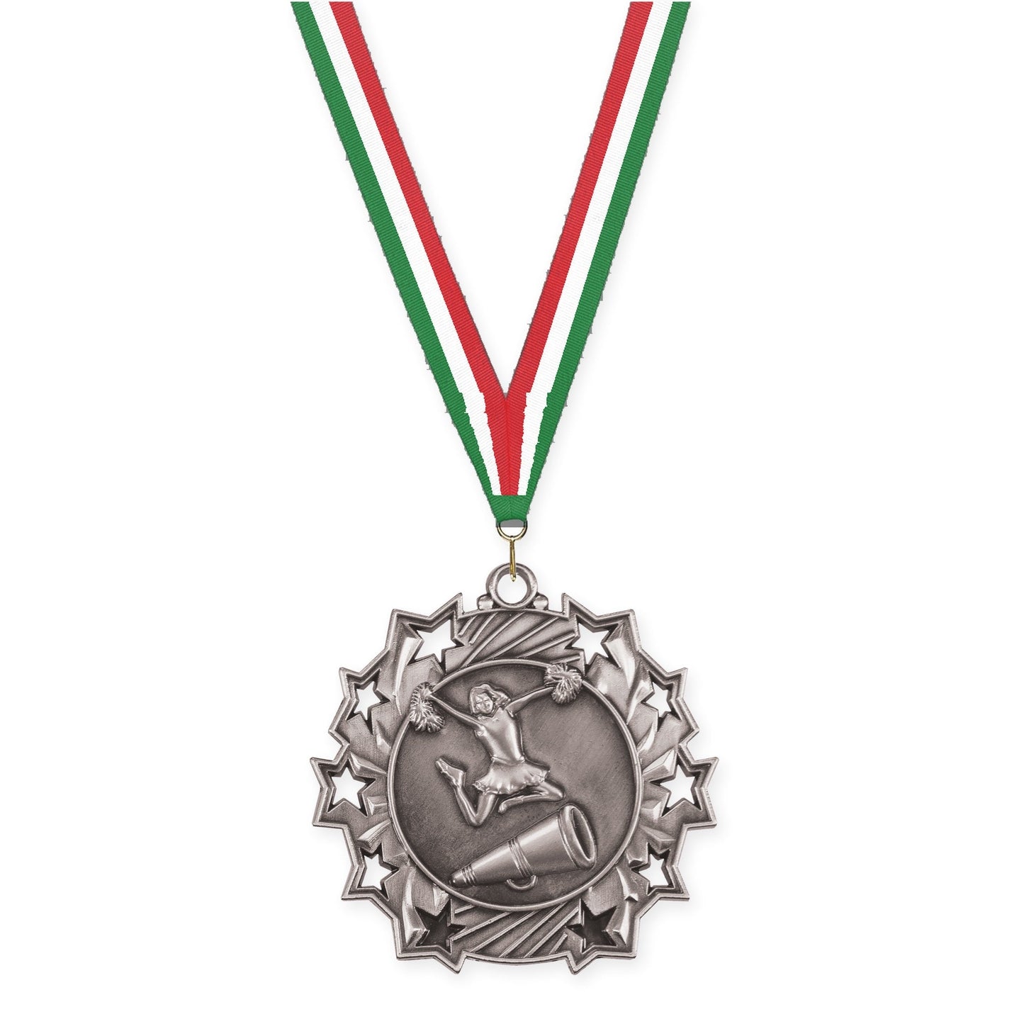 2 1/4 inch cheerleading Ten Star medal in antique silver with Green White Red neck ribbon