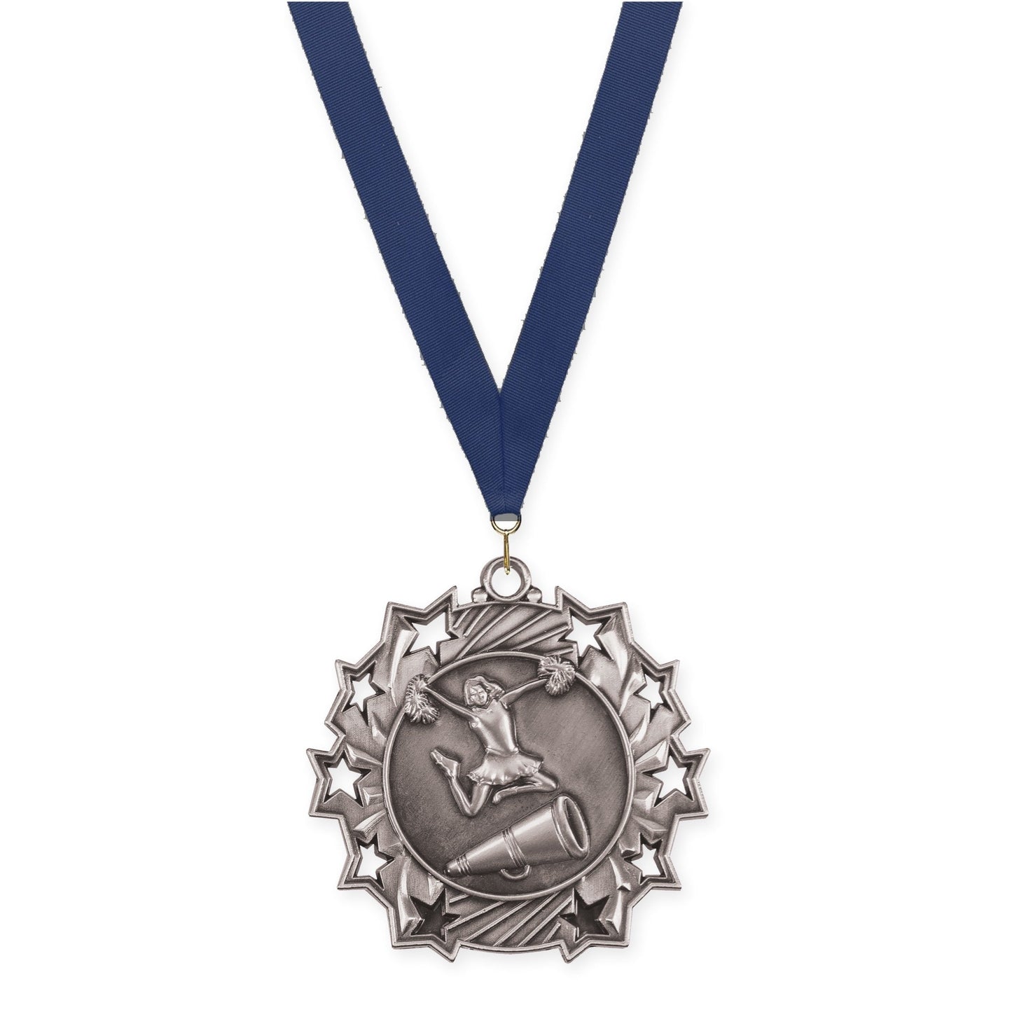 2 1/4 inch cheerleading Ten Star medal in antique silver with Navy neck ribbon