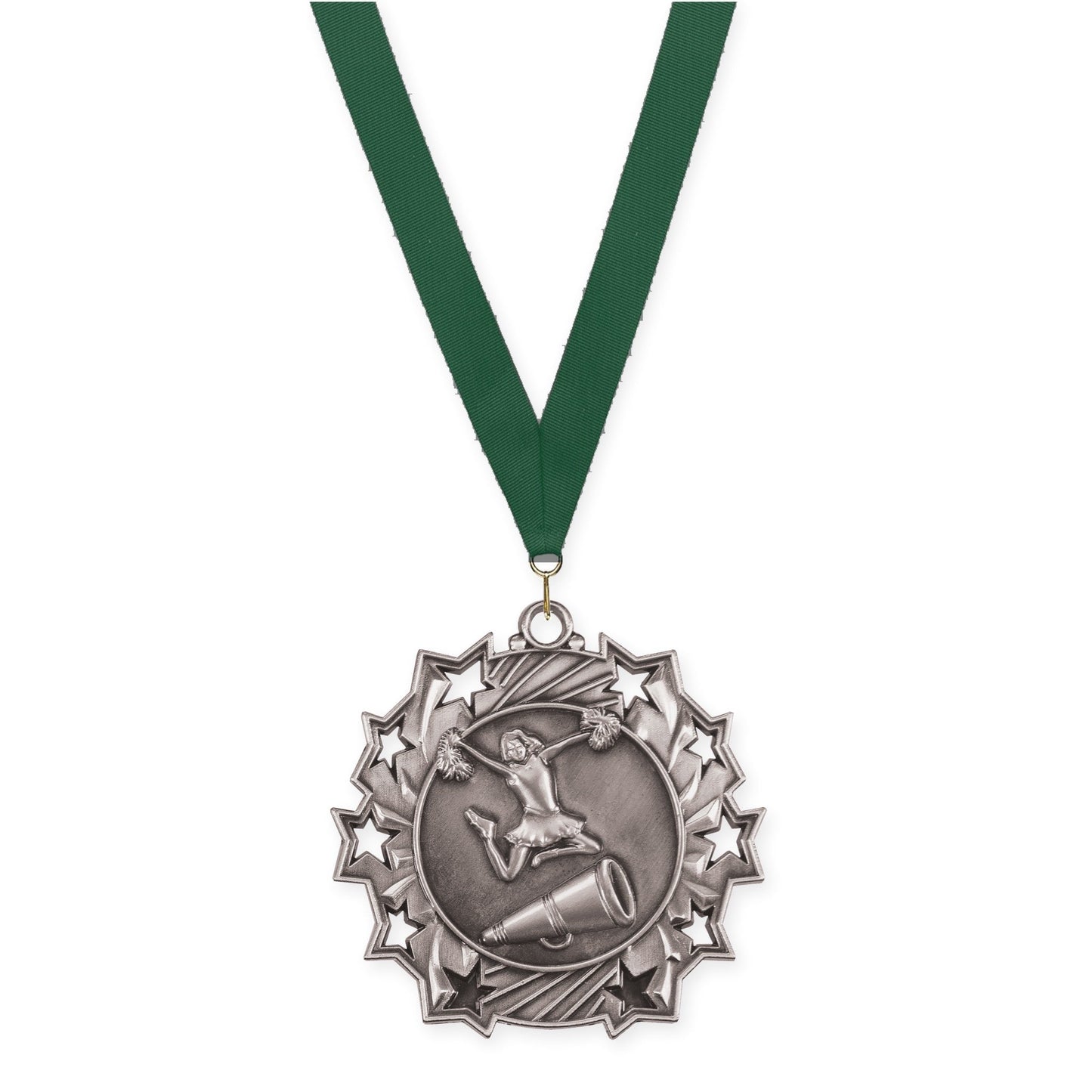 2 1/4 inch cheerleading Ten Star medal in antique silver with Hunter Green neck ribbon