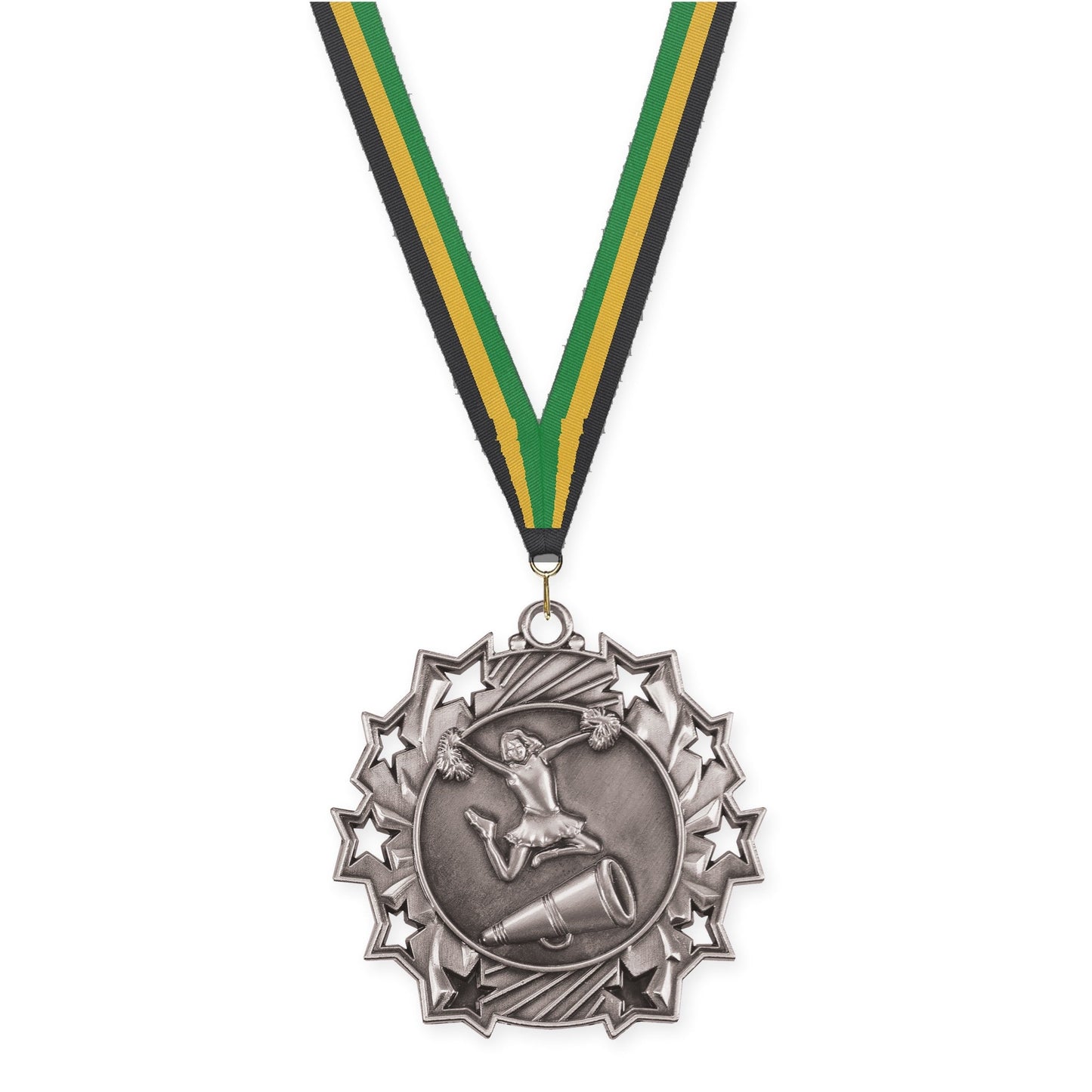 2 1/4 inch cheerleading Ten Star medal in antique silver with Black Gold Green neck ribbon