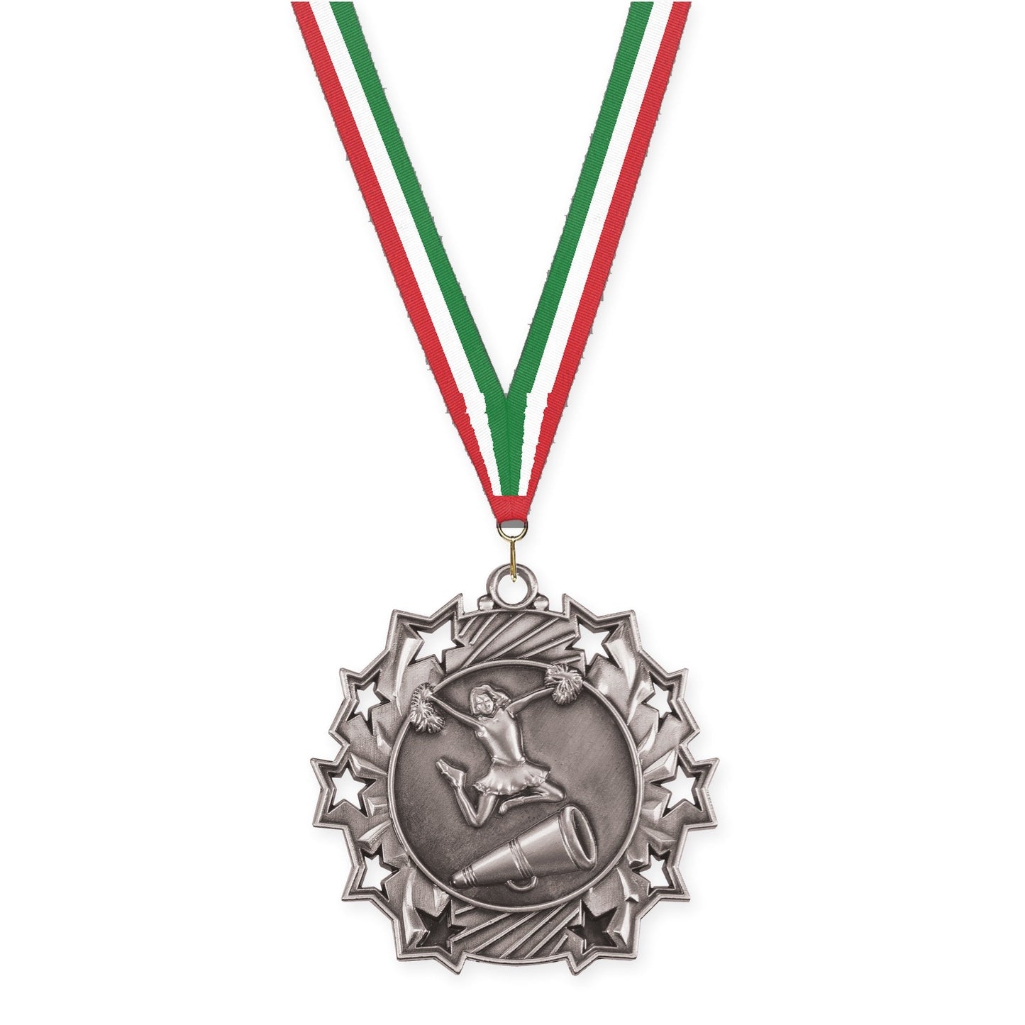 2 1/4 inch cheerleading Ten Star medal in antique silver with Red White Green neck ribbon