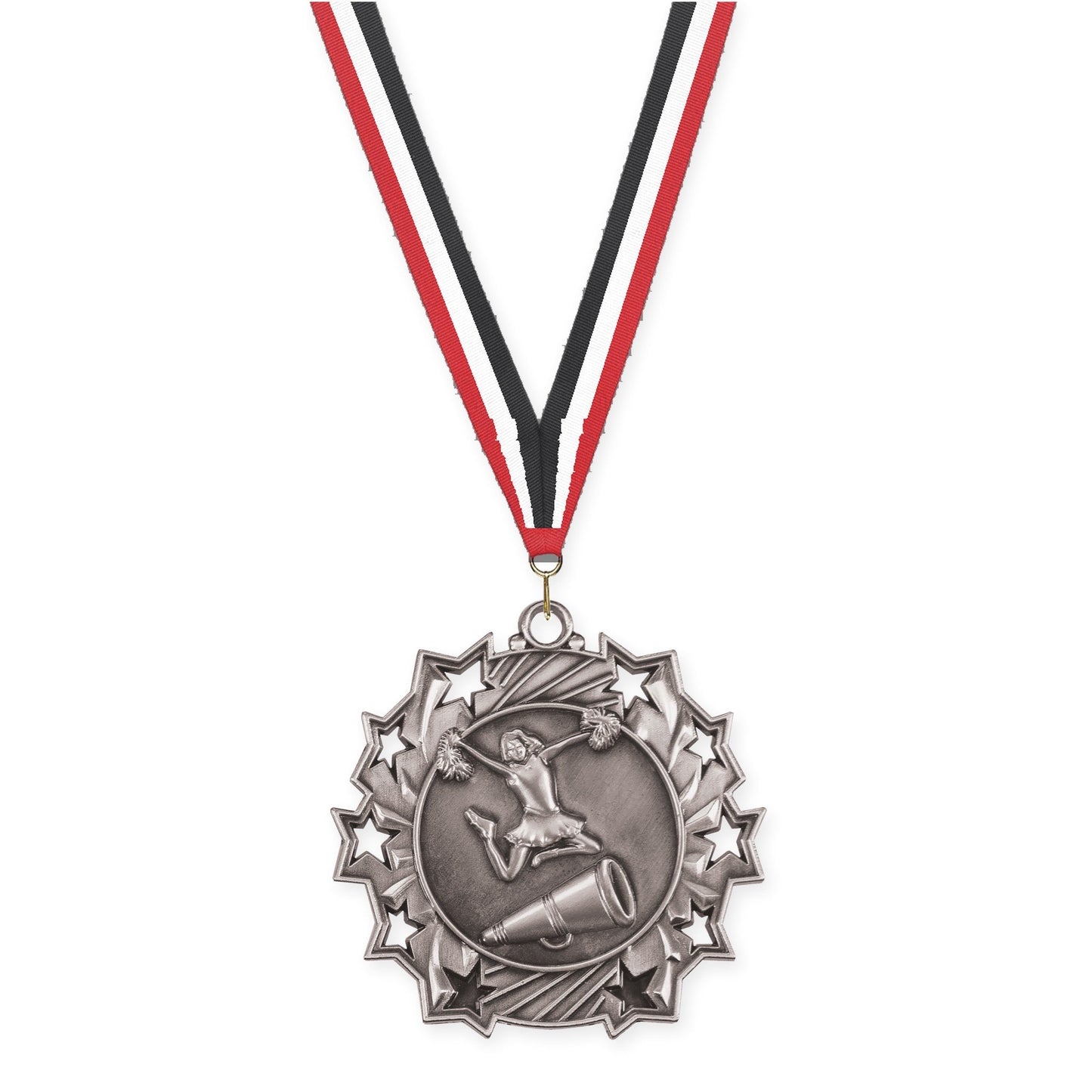 2 1/4 inch cheerleading Ten Star medal in antique silver with Red White Black neck ribbon