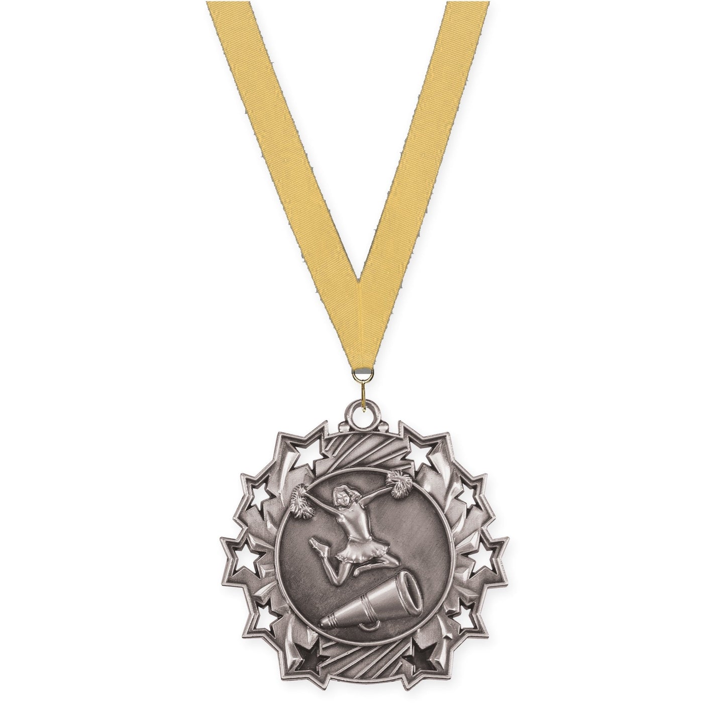 2 1/4 inch cheerleading Ten Star medal in antique silver with Gold Metallic neck ribbon