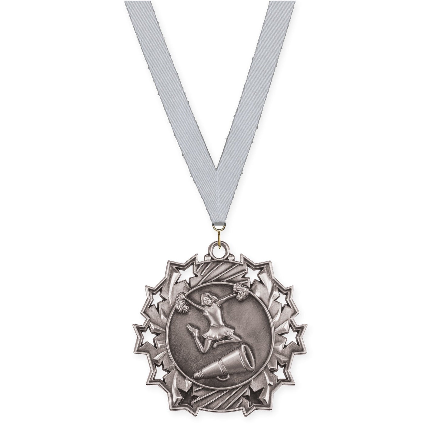 2 1/4 inch cheerleading Ten Star medal in antique silver with Silver Metallic neck ribbon