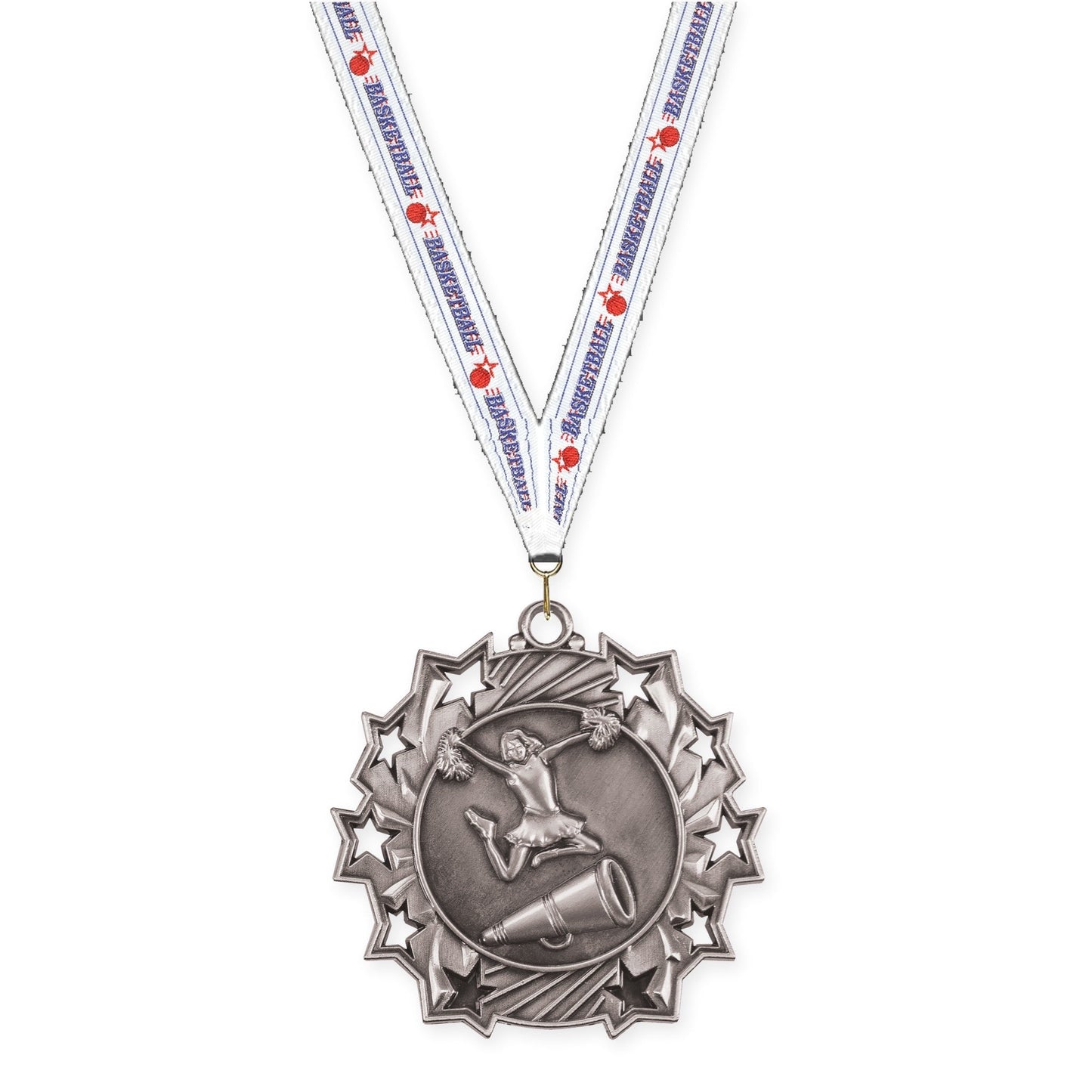 2 1/4 inch cheerleading Ten Star medal in antique silver with Basketball neck ribbon